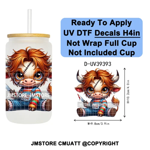 Highland Cow Horror Character Coquette Pumpkin UV DTF Decals Ready To Apply Durable Transfer Stickers For 16OZ Libbey Glass Can