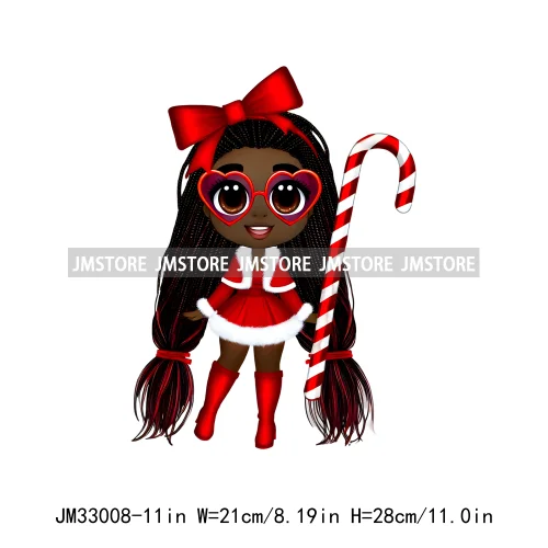 Fashion Black Santa Girls Candy Cane Afro Kids Christmas Season Iron On DTF Transfers Stickers Ready To Press For Sweatshirts