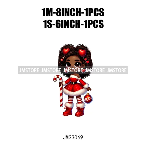 Chibi Candy Santa Girl African American Characters Merry Christmas Gift Iron On DTF Transfer Stickers Ready To Press For Clothes