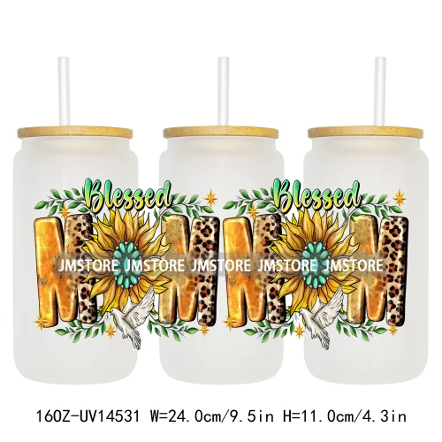 Floral Blessed Mama Leopard Mom 16OZ UV DTF Cup Wraps Ready To Apply Waterproof Transfer Stickers For Libbey Glass Can Tumbler