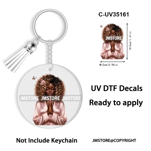 Christian Jesus God Pray Afro Girl UV DTF Decal Round Keychain Ready To Apply WaterProof Transfer Stickers For Circle Keychain