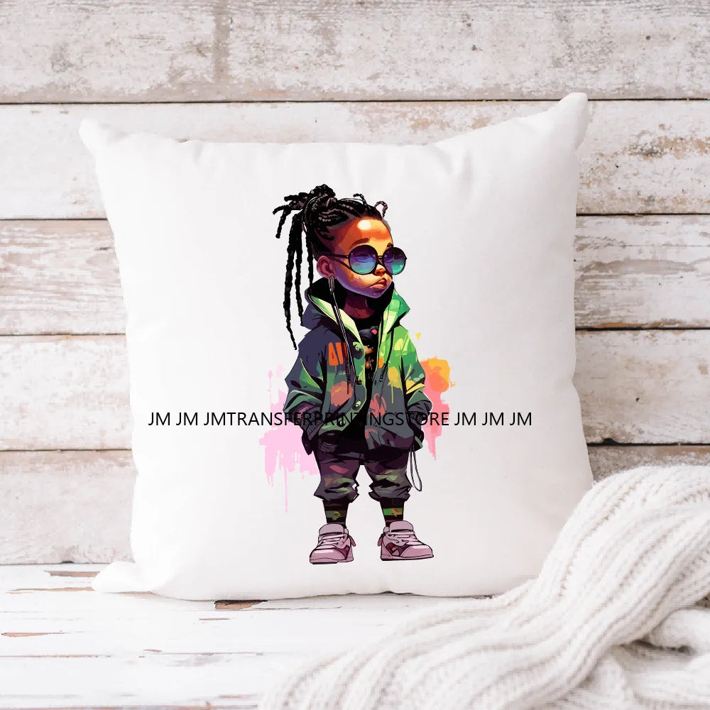 Dreadlocks Coffee Chibi Black Girls Pink Fashion African American Denim Girl Iron On DTF Heat Press Transfer Stickers For Shirts