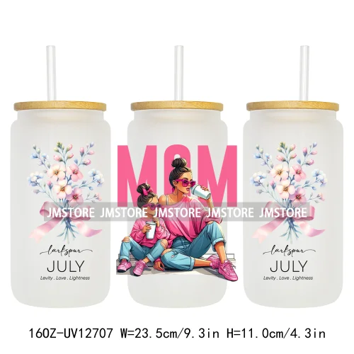 Floral Mama Coquette Mother's Day Birth Month Flower 16OZ UV DTF Cup Wrap Transfer Stickers Waterproof Logo For Libbey Glass Can