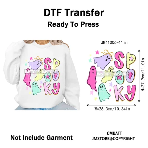 Cute Iridescent Ghost Girly Halloween Coquette Spooky Vibes Iron on Washable DTF Transfers Stickers Ready to Press for Clothing