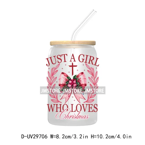 Just A Girl Who Loves Christmas UV DTF Transfer Stickers Decals For Libbey Cold Cups Mugs Tumbler Xmas Santa Coquette Bow Girly