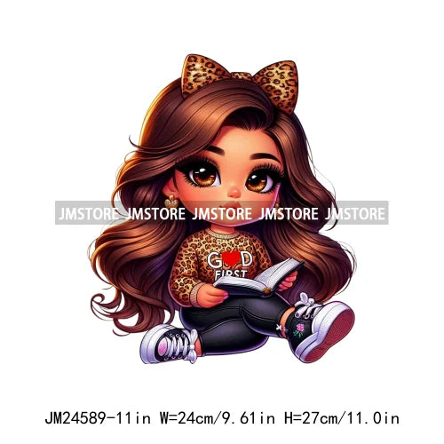 God First Chibi Cute Brown Hair Latina Dolls Baby Girls Coquette Bow Iron On DTF Transfer Stickers Ready To Press For Hoodies