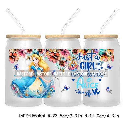 Just A Girl Who Loves Cartoon Princess 16OZ UV Cup Wrap DTF Transfer Stickers For Libbey Glass Can Cups Tumbler Waterproof Label