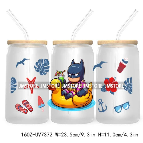 Hero Cartoon Summer Vacation 16OZ UV DTF Cup Wrap Transfers Stickers Custom Labels Durable Waterproof Logo For Libbey Glass Can