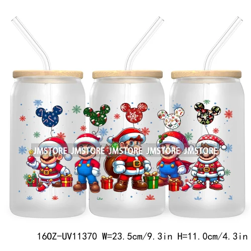 Cute Kids Cartoon Character With Christmas Lights Tree Xmas Holiday UV DTF Transfer 16OZ Libbey Glass Can Wrap Ready to Apply