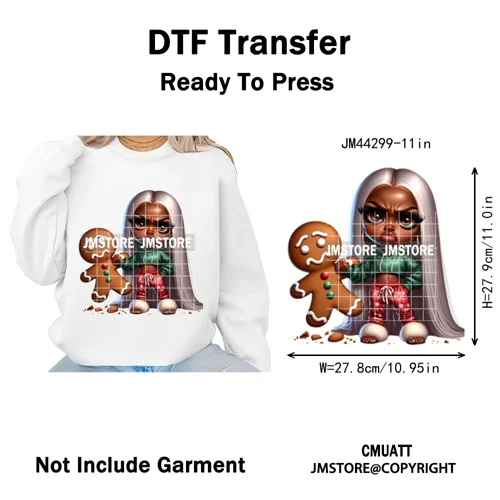 Sassy Black Girl Santa Christmas Bright Gingerbread Iron on Washable DTF Heat Transfers Stickers Ready to Press for Sweatshirts