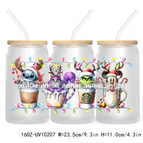 Christmas Lights Cartoon Coffee Cups 16OZ UV DTF Cup Wrap Transfer Stickers Custom Labels Waterproof Logo For Libbey Glass Can