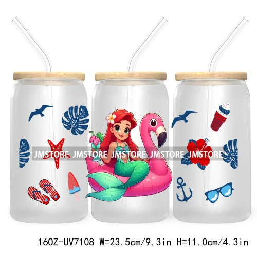 Cartoon Princess's Summer Vacation 16OZ UV DTF Cup Wrap Transfers Stickers For Libbey Glass Can Cups Tumbler Waterproof Craft