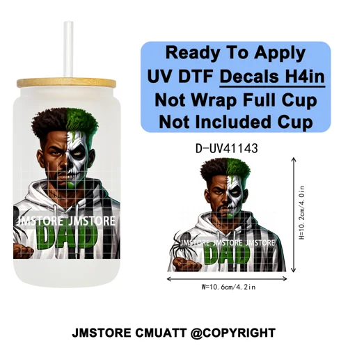 Black Horror Dad Halloween Spooky Daddy UV DTF Decals Ready To Apply Waterproof Transfer Stickers For 16OZ Libbey Glass Can Cups