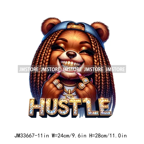 Girl Grillz Hustle Hip Pop Bear Money Quotes Sayings Washable Decals Iron On DTF Transfers Stickers Ready To Press For Clothing