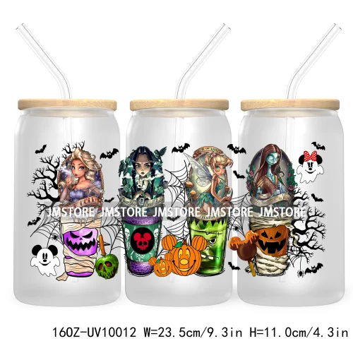 Halloween Coffee Cups UV DTF Sticker For 16OZ Libbey Glass Cup Can Cartoon Princess Wrap Transfer Stickers Custom Labels Logo