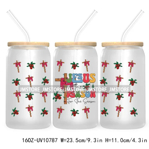 Religious Jesus Christmas UV DTF Cup Wrap For Libbey Glass Can Transfer Stickers Waterproof Custom Labels Christian Cross Bow