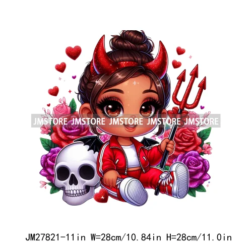 Chibi Cute Halloween Devil Latina Baby Hispanic Girls Skull Red Rose DTF Iron On Transfer Stickers Ready To Press For Sweatshirt