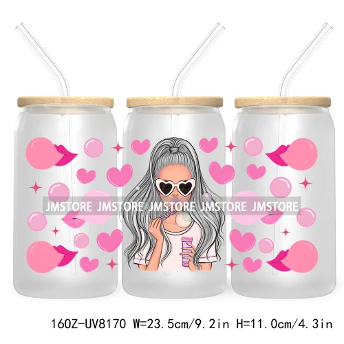 Woman With Bubble Gum Pink UV DTF Sticker For 16OZ Libbey Glass Cup Can Wrap Transfer Stickers Custom Labels DIY Logo Messy Bun