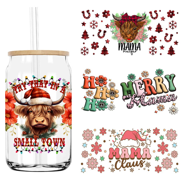 Western Christmas Highland Cow 16OZ UV DTF Cup Wrap Transfers Stickers Custom Labels DIY Waterproof Logo For Libbey Glass Can