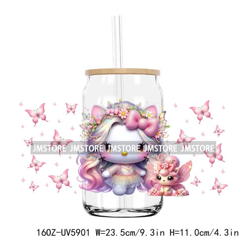 Flower Cartoon Cat With Pink Bow 16OZ UV DTF Cup Wrap Transfer Sticker Custom Label Durable Waterproof Logo For Libbey Glass Can