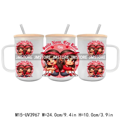 Cartoon Chicano Girls Rose UV DTF Glass Can Wrap For 15OZ Mug Coffee Cup Transfer Sticker DIY Custom Logo Labels Mexican Culture