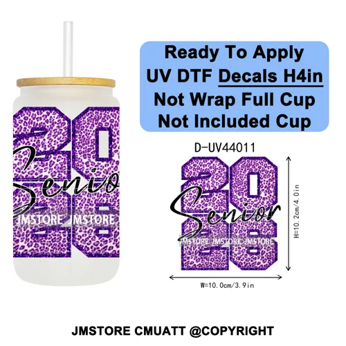 Faux Glitter Senior 2026 School UV DTF Decals Ready To Apply Waterproof Transfer Stickers DIY Crafts For 16OZ Libbey Glass Can