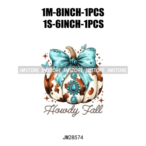 Howdy Pumpkin Ghost Western Fall Vibes Turquoise Coquette Bow Autumn Iron On DTF Transfer Sticker Ready To Press For T-shirts