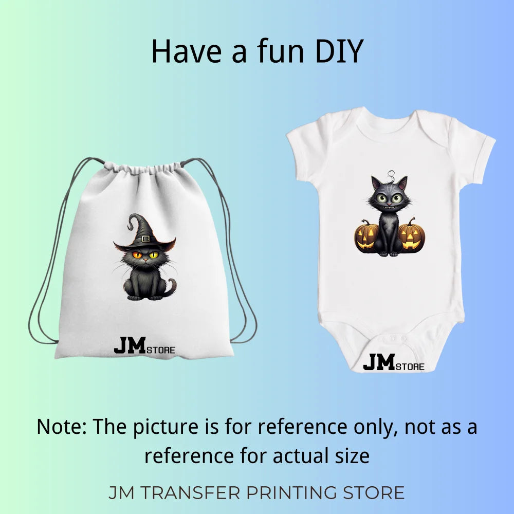15cm 5.9in Kid Halloween Black Cat Iron On Heat Transfer Sticker For Clothes DTF Printed Vinyl Thermal Appliques Washable Decal