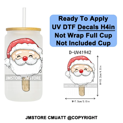 Christmas Santa Claus Patchwork UV DTF Decals Ready To Apply Waterproof Transfer Stickers DIY Crafts For 16OZ Libbey Glass Can