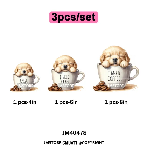 Funny Cartoon Pet Puppy Small Sleeping Cozy Coffee Dogs Lover Iron on DTF Washable Transfers Sticker Ready to Press for Clothing
