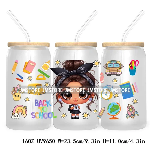 Back To School Cartoon Princess 16OZ UV Cup Wrap DTF Transfer Sticker For Libbey Glass Can Cups Tumbler Waterproof Label Teacher