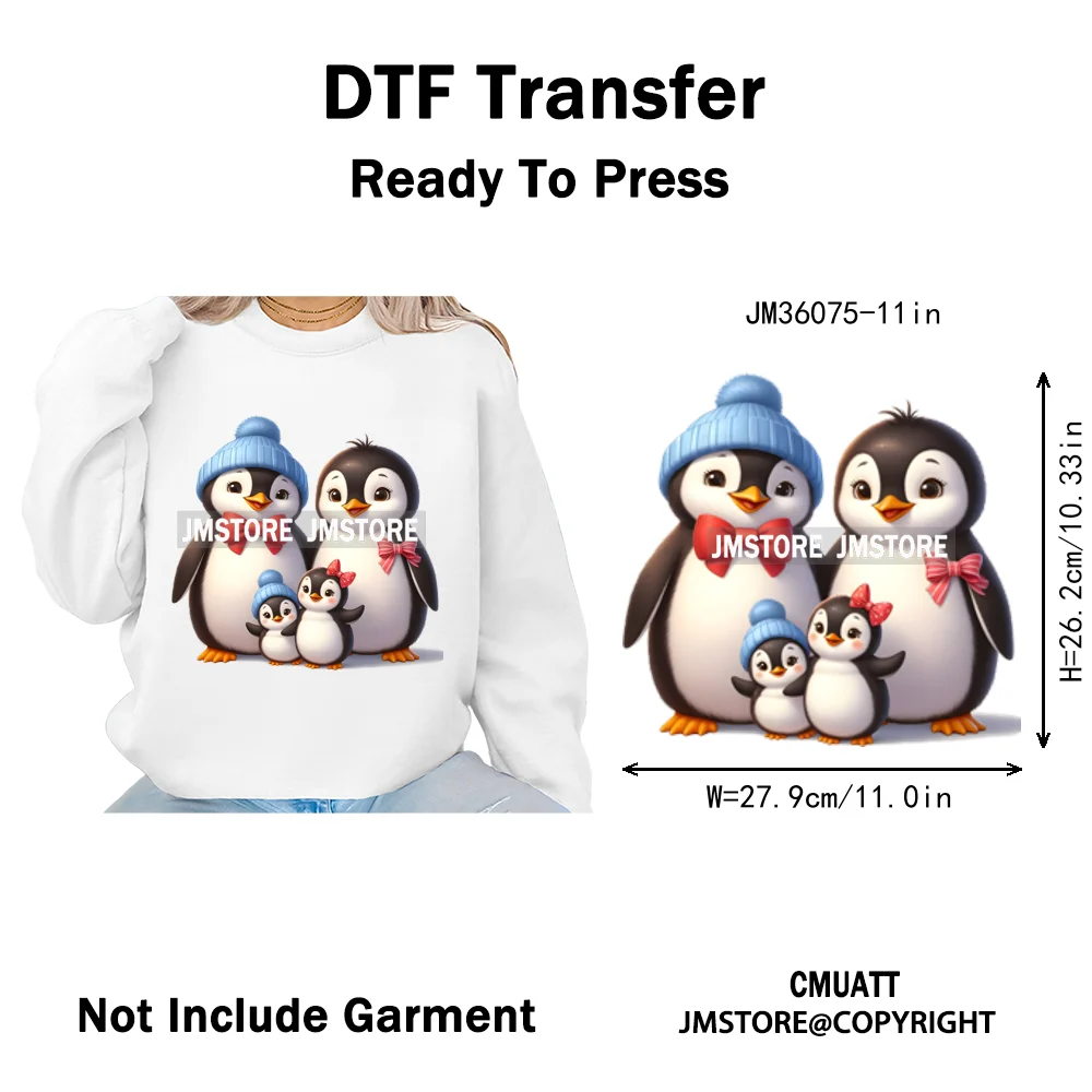 Cute Animal Penguins Coquette Hat Family Mom Father Baby Lovers Iron on DTF Heat Transfer Stickers Ready to Press for Hoodies