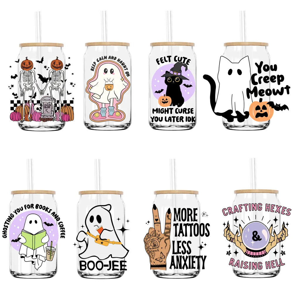 Boo Jee Cute Ghost With Coffee Halloween UV DTF Transfers Stickers Decals For Libbey Cold Cups Mugs Tumbler Waterproof DIY Craft