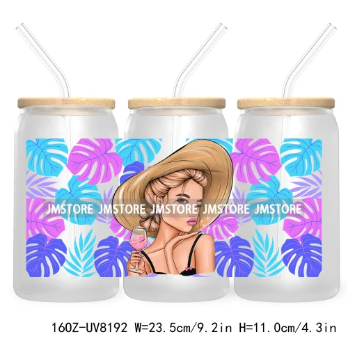 Hot Girl Summer Lady UV DTF Sticker For 16OZ Libbey Glass Cup Can Wrap Transfer Stickers Custom Labels DIY Logo Woman With Hat