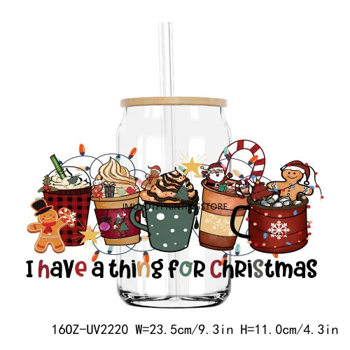 Merry Christmas Glitter Gingerbread UV DTF Sticker For 16OZ Libbey Glass Cup Can Wrap Transfer Sticker Custom Labels DIY Logo