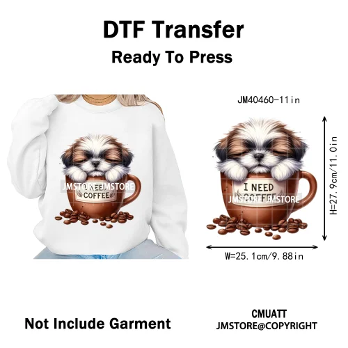 Funny Cartoon Pet Puppy Small Sleeping Cozy Coffee Dogs Lover Iron on DTF Washable Transfers Sticker Ready to Press for Clothing