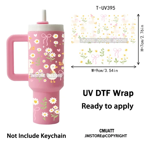 Pink Coquette Bow Goose Daisy Flower UV DTF Mini Tumbler Keychain Wraps Ready To Apply Transfer Stickers Prints Waterproof Decal