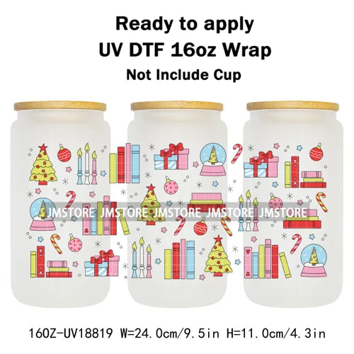 Christmas Bookish Santa Stocking Gifts UV DTF Cup Wrap Ready To Apply Transfer Stickers Waterproof For 16OZ Libbey Glass Can Mug