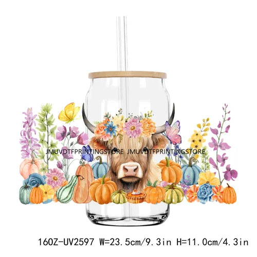 Cute Highland Cow With Pumpkins UV DTF Sticker For 16OZ Libbey Glass Cup Can Wrap Transfer Sticker Custom Labels DIY Logo