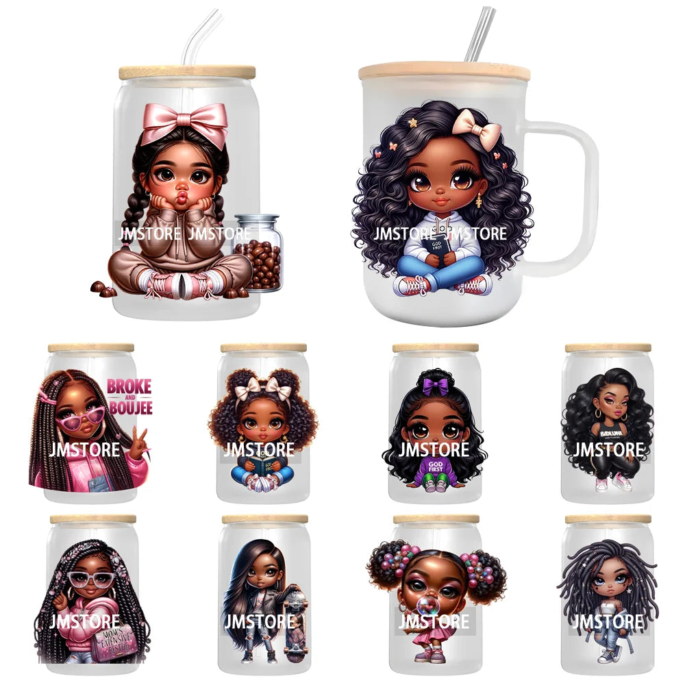 Black Chibi Girl UV DTF Transfers Stickers Decals For Libbey Cold Cups Mugs Tumbler Waterproof DIY Craft Beautiful Afro Woman