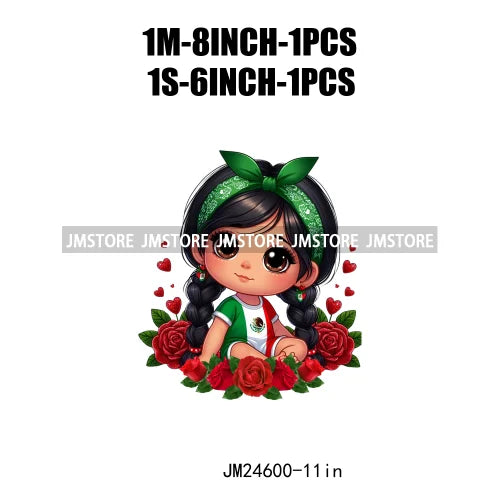 Cute Chibi Mexican Girl Designs Hispanic Red Rose Green Coquette Bow Latina Princess Iron On DTF Transfers Stickers For T-shirts