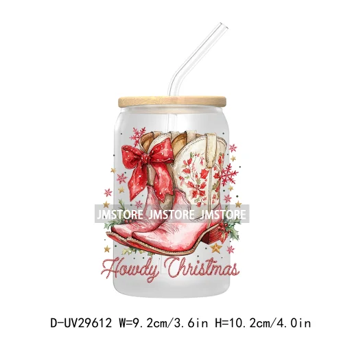 Howdy Christmas Boots UV DTF Transfer Stickers Decals For Libbey Cold Cups Mugs Tumbler Waterproof Labels Western Coquette Bow