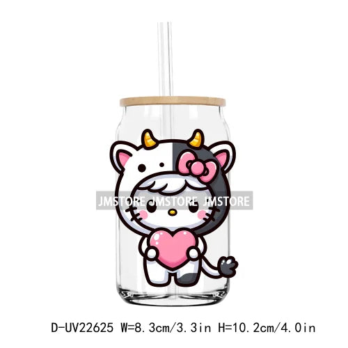 Dairy Cow Cartoon Hello Cat With Hearts UV DTF Transfer Stickers Decals For Libbey Cold Cups Mugs Tumbler Waterproof DIY Craft