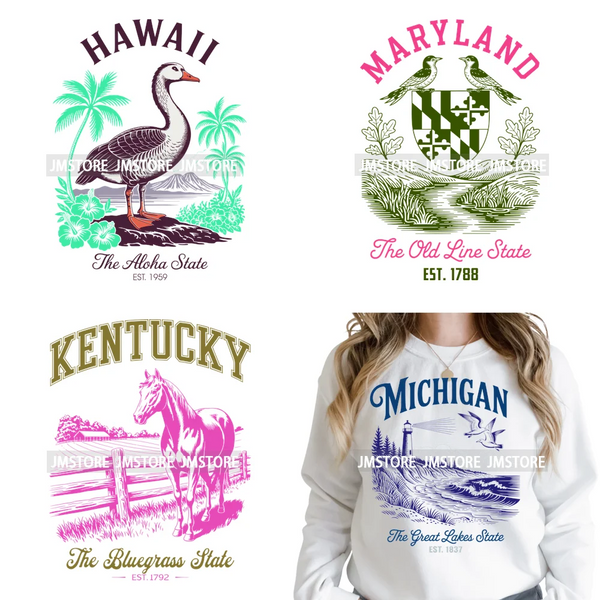 Colorful US State Love Travel Landmark Animal Icons Printing Iron on DTF Washable Transfers Stickers Ready to Press for T-shirts