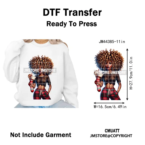 Sassy Afro Women Quirky Girls Santa Christmas Attitude Iron on Washable DTF Heat Transfers Stickers Ready to Press for Textiles