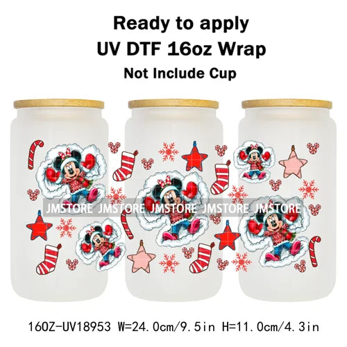 Festive Mouse Christmas Candy Cane 16OZ UV DTF Cup Wraps Ready To Apply Waterproof Transfer Stickers For Libbey Glass Can Bottle