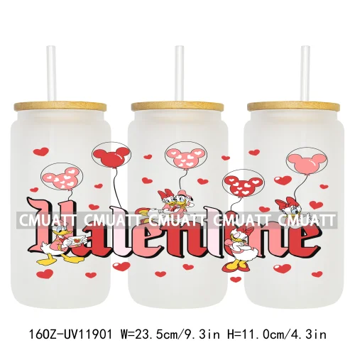 Cartoon Pink Sweet Happy Valentine‘s Day Kids Love Characters UV DTF Stickers Cup Wraps Logos For 16OZ Libbey Glass Can