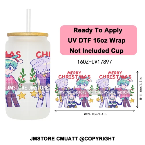 Merry Christmas Kpop Movie Character Anime Girl UV DTF Stickers Ready To Apply Cup Wrap High Quality For 16OZ Libbey Can Glass