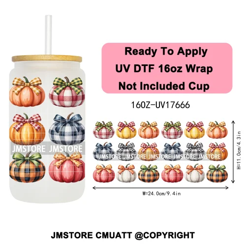 Halloween Fall Autumn Pumpkins Coquette Leopard Bow UV DTF Cup Wrap 16OZ Ready To Apply Transfer Stickers For Libbey Glass Can