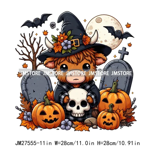 Ghost Highland Cows Western Pumpkin Skeleton Fall Dead Rip Coffin Cross Halloween DTF Iron On Transfers Stickers For Sweatshirt